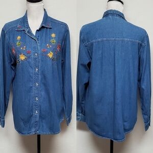 VINTAGE 1990s Bobbie Brooks Boho Fall Leaf Embroidered Button Up Chambray Shirt